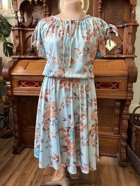 Handmade Retro Vintage Light Blue Floral Tie-Neck Midi Dress